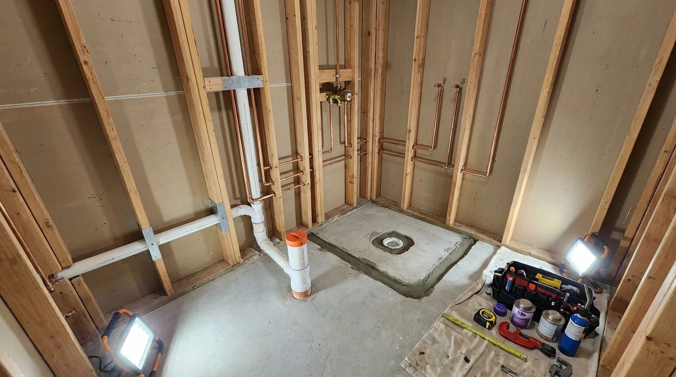 Bathroom rough-in plumbing during remodel by Johns Plumbing LLC in Esko