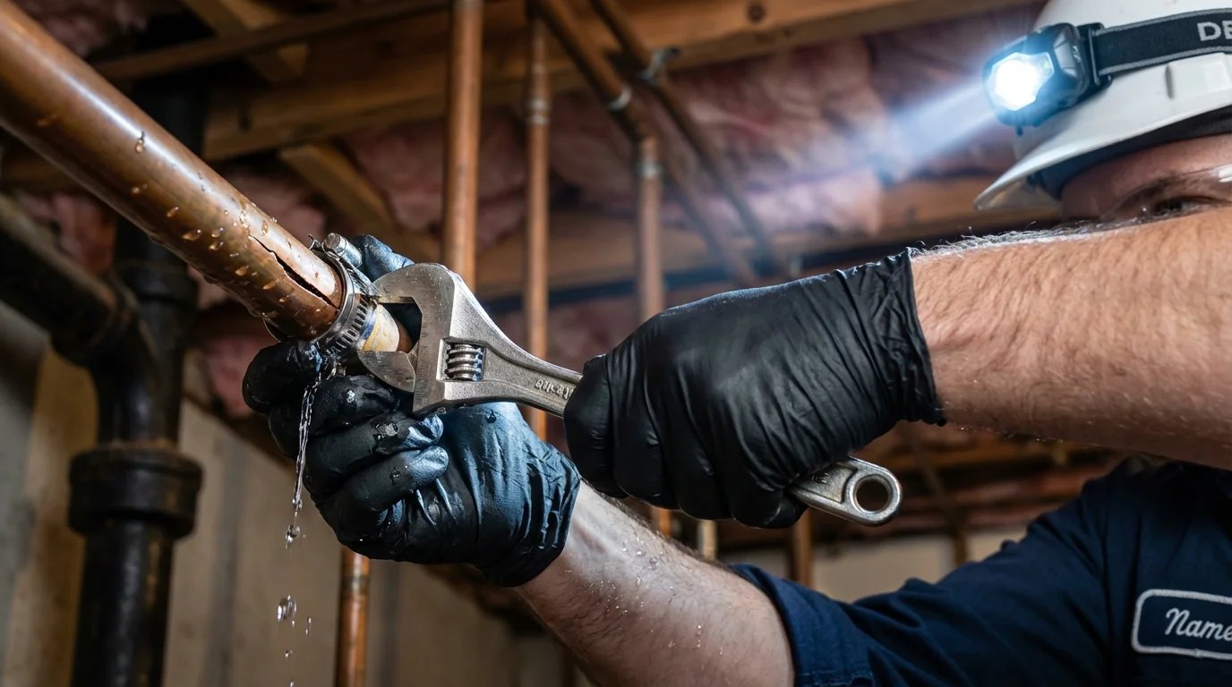 Emergency pipe clamp repair being performed by a Johns Plumbing LLC plumber in Esko