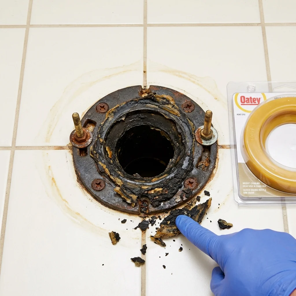 Failed wax ring showing water seepage at the base of a toilet in a Esko, MN home